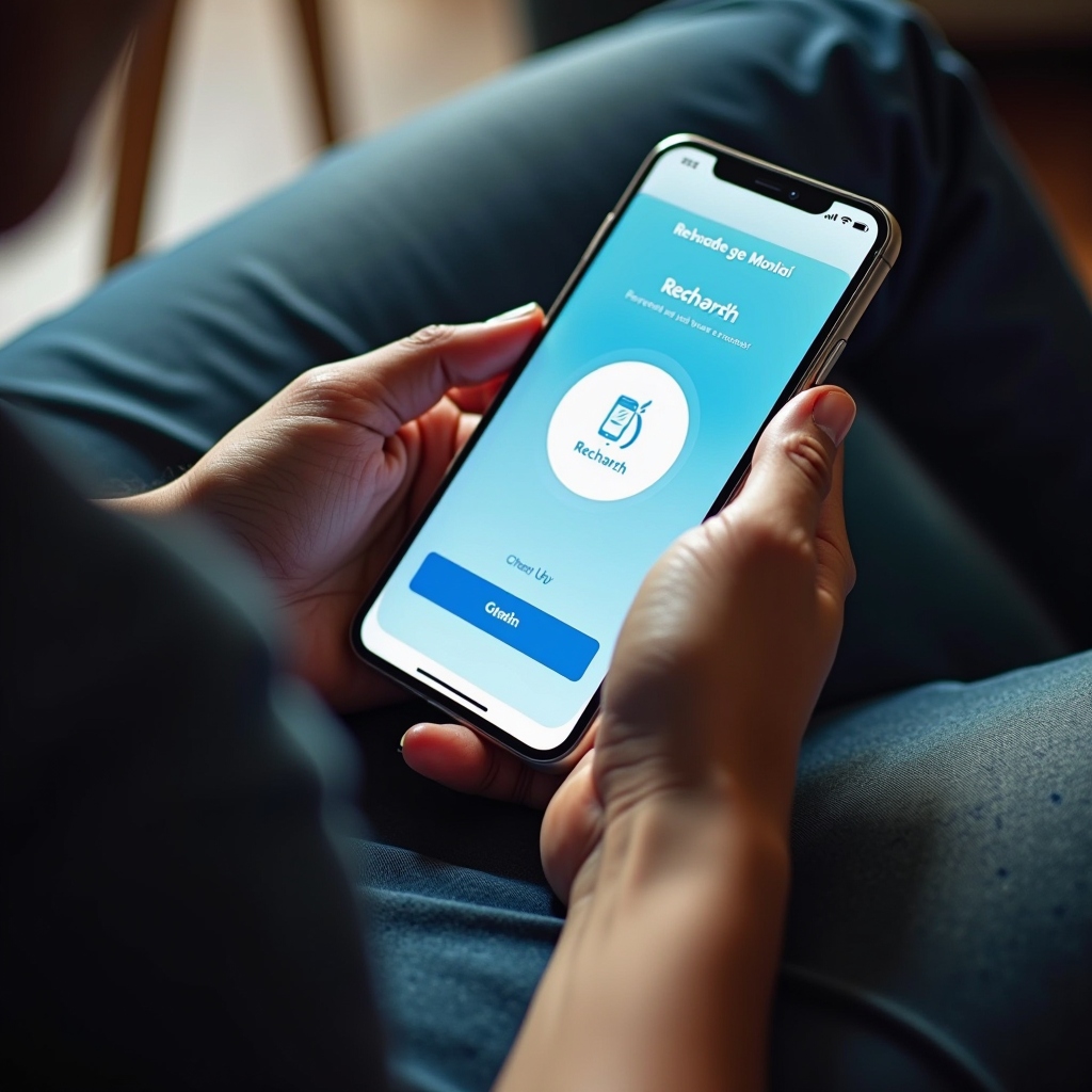 Persona usando smartphone para recargar saldo móvil en línea con interfaz moderna y amigable