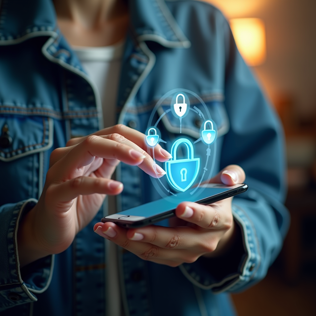 Persona realizando recarga móvil segura desde casa con elementos visuales de seguridad digital como candados y escudos de protección en la pantalla del smartphone