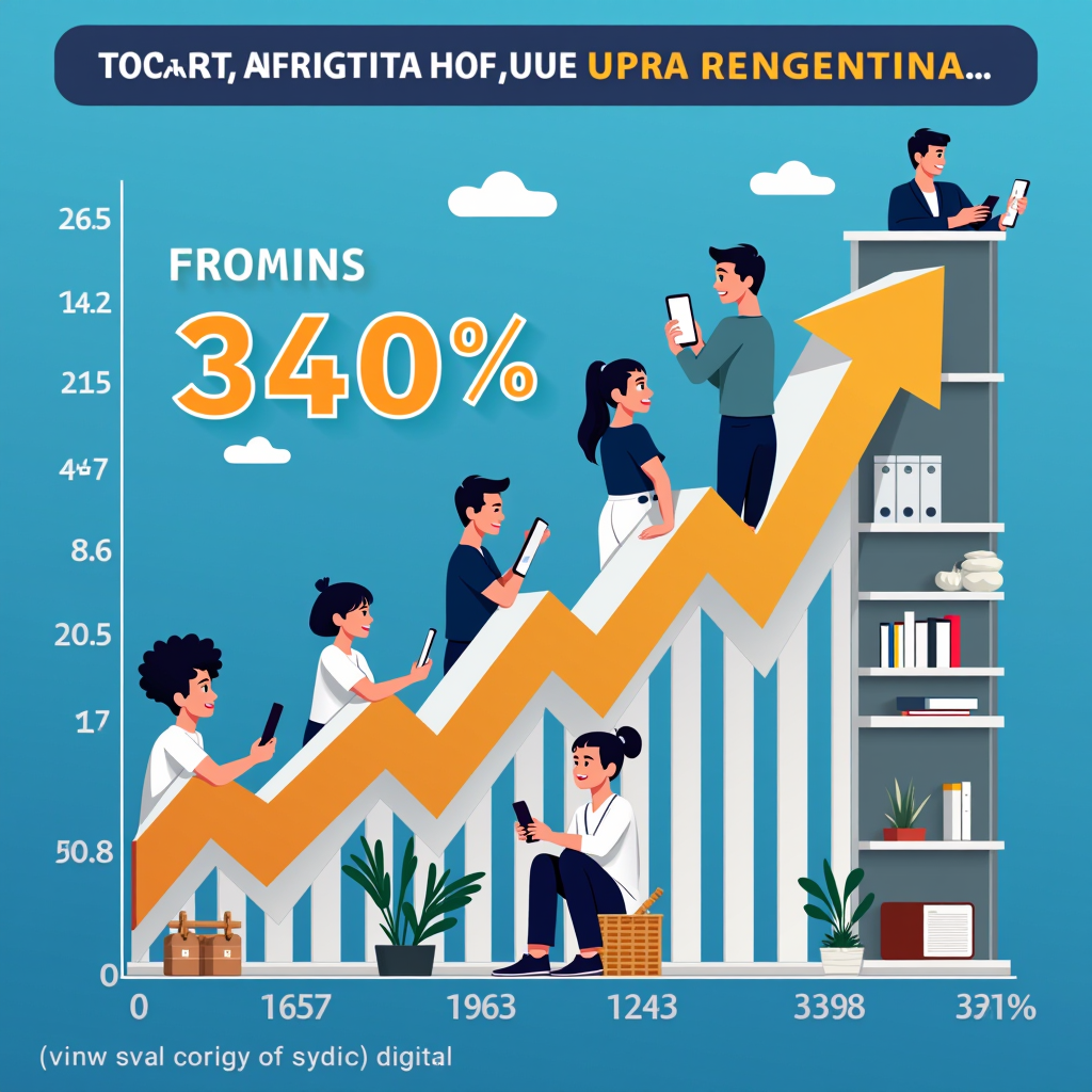 Gráfico estadístico mostrando el crecimiento exponencial del 340% en recargas digitales en Argentina durante 2025, con ilustraciones de usuarios utilizando smartphones para recargar saldo desde sus hogares, comparado con métodos tradicionales en declive