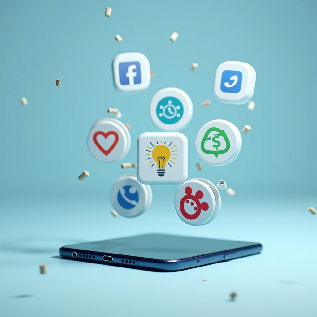 Smartphone con iconos de redes sociales, streaming y navegación web flotando alrededor, indicador de datos móviles mostrando diferentes planes de 1GB a 50GB