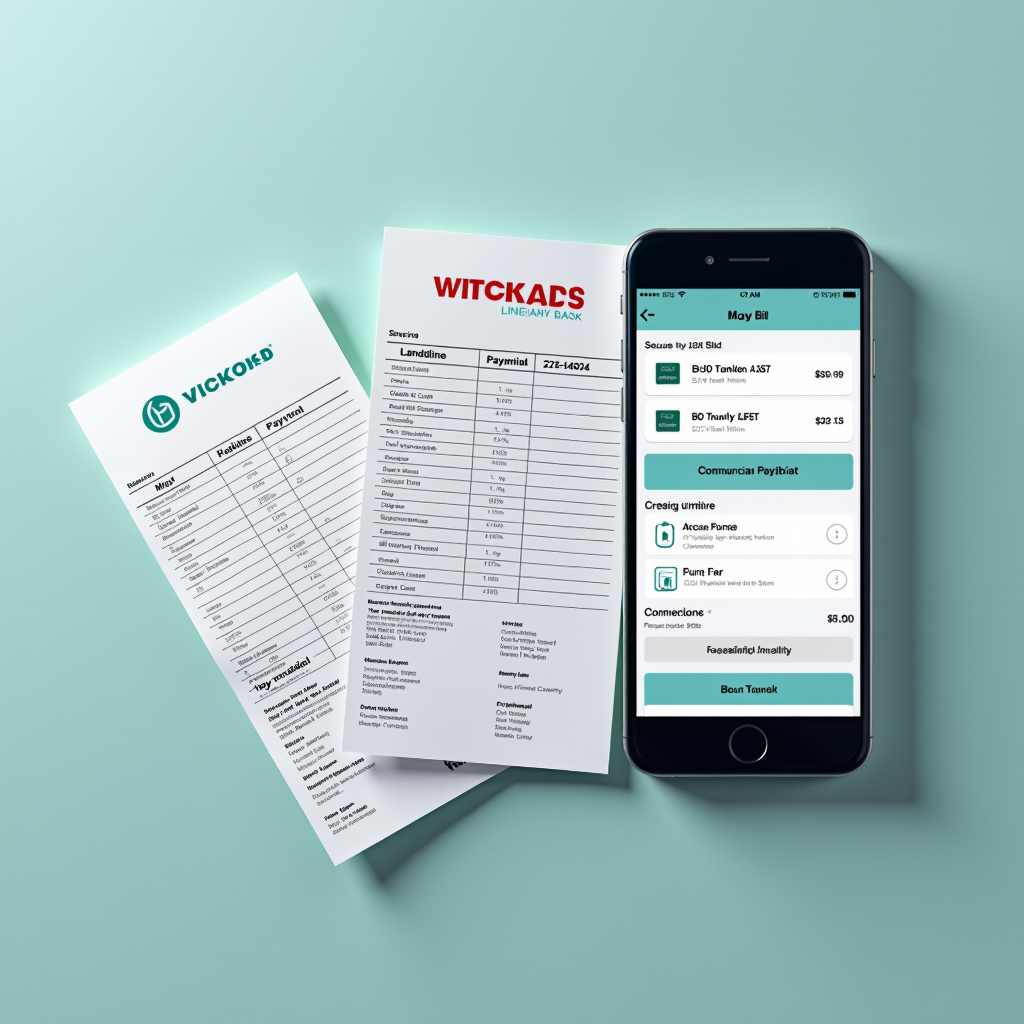 Facturas de telefonía móvil y fija con logos de diferentes operadoras, smartphone mostrando pantalla de pago seguro con tarjetas de crédito y opciones de transferencia bancaria